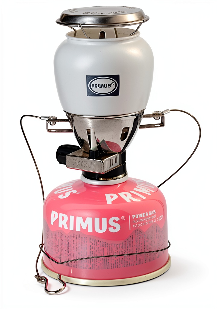 Primus EasyLight lantern being set up on a wooden campsite table at dusk
