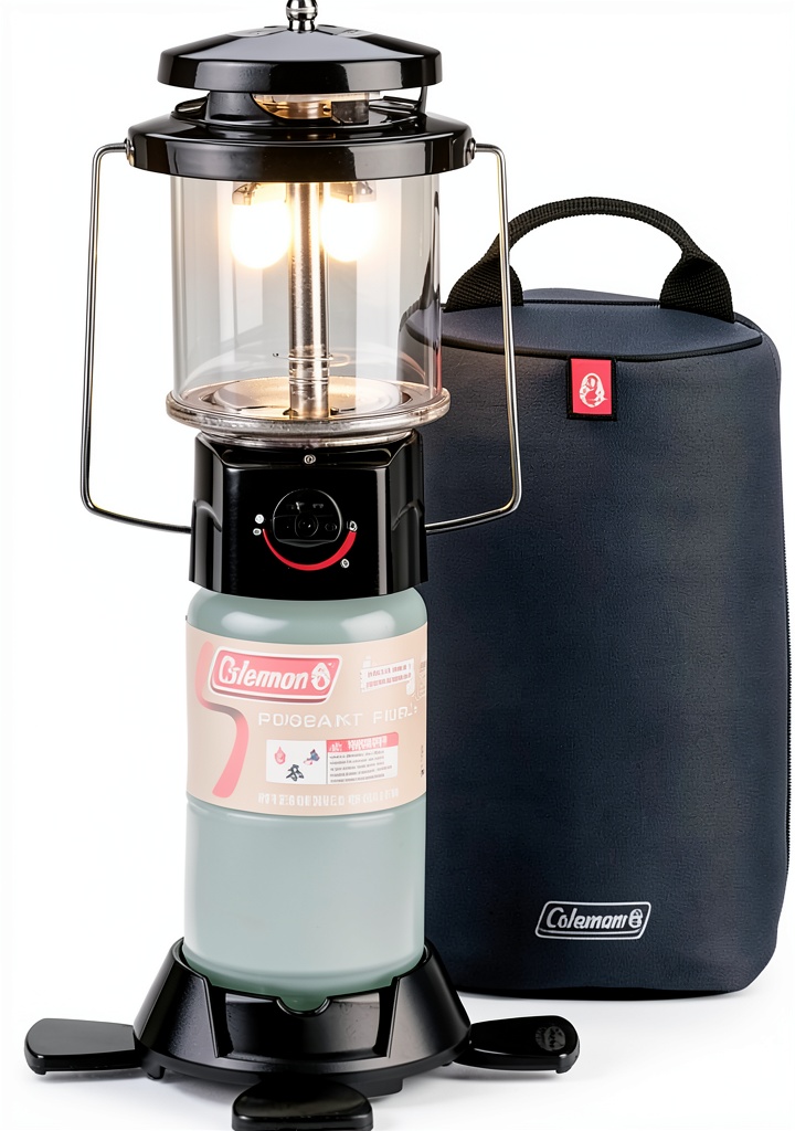 Coleman propane camping lantern in use during a nighttime camp setup